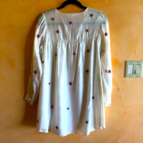 Tularosa Long Sleeve Cosmic Star Dress Silk and Cotton Ivory Colored Red Stars. - Picture 4 of 12